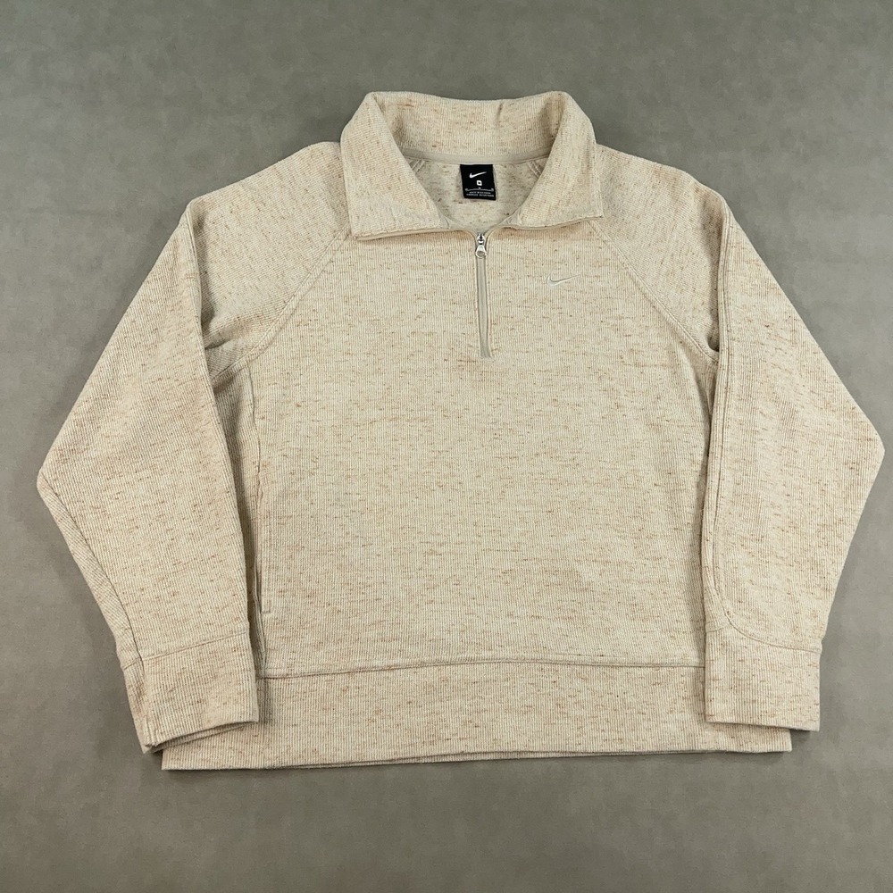 Nike Quarter Zip Mock Neck Pullover Sweater Women's Size Medium Beige Cropped - Picture 2 of 12